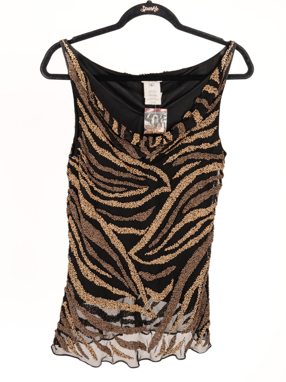 Cache vintage top in black silk with heavily beaded gold design in size L.